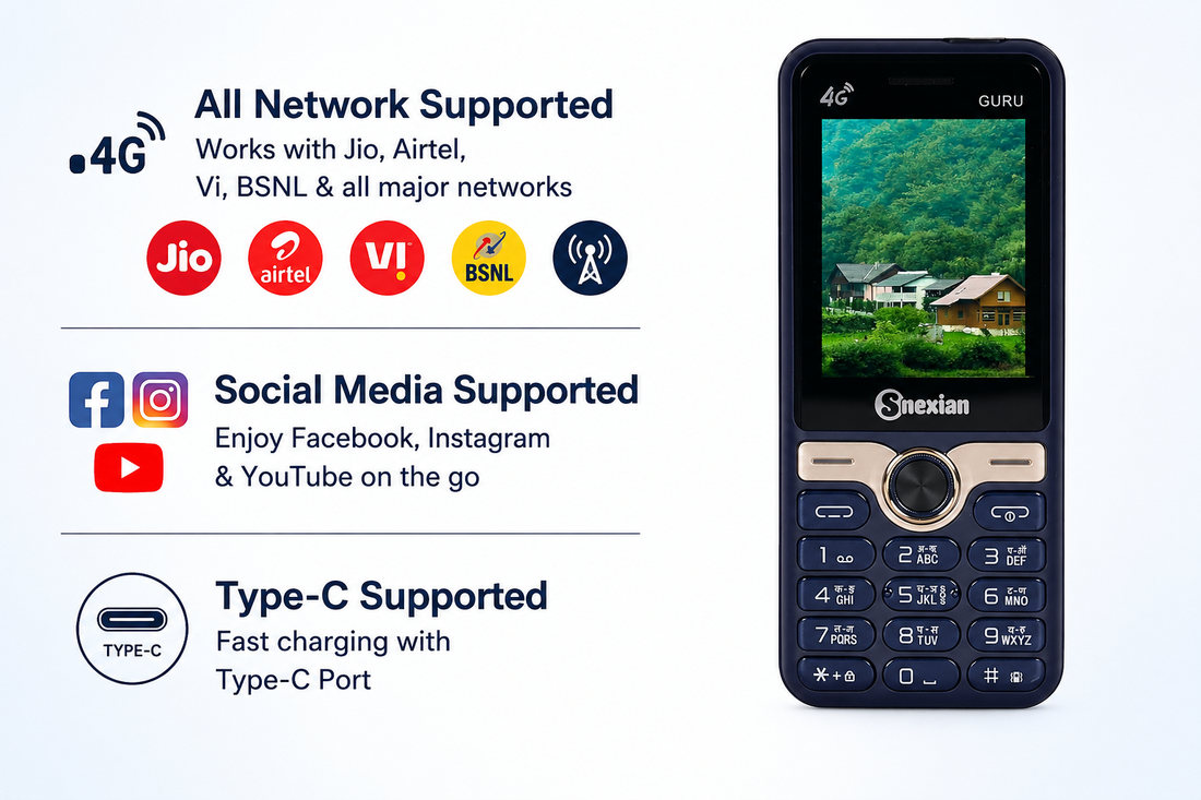Snexian All-New GURU GT 4G Working Dual Sim | Keypad Mobile | 2.4" Display | YouTube Working | Voice Changer | BT Dialer | Call Recording | Long Lasting Battery | FM | Camera | Feature Phone | Black