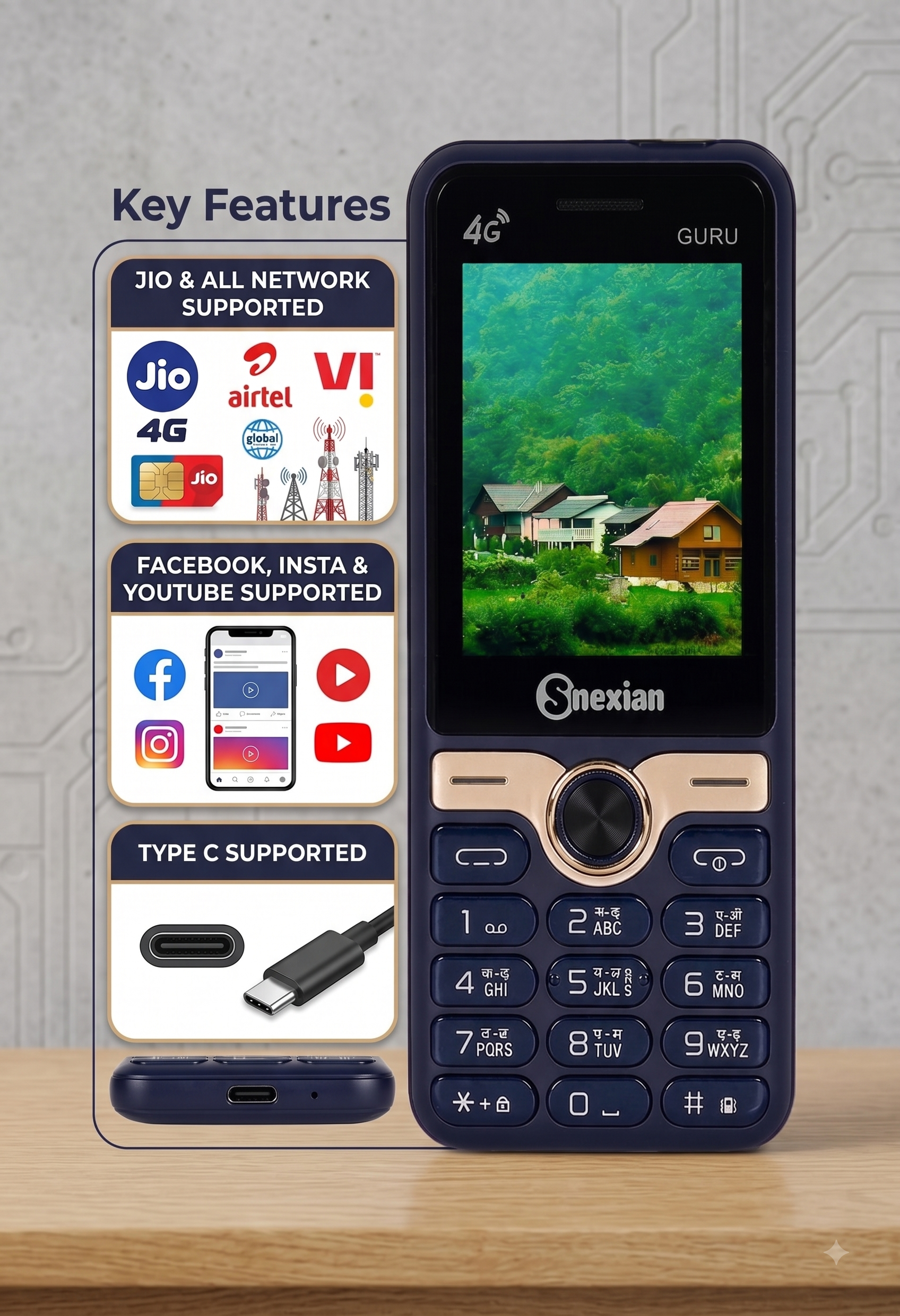 Snexian All-New GURU GT 4G Working Dual Sim | Keypad Mobile | 2.4" Display | YouTube Working | Voice Changer | BT Dialer | Call Recording | Long Lasting Battery | FM | Camera | Feature Phone | Black