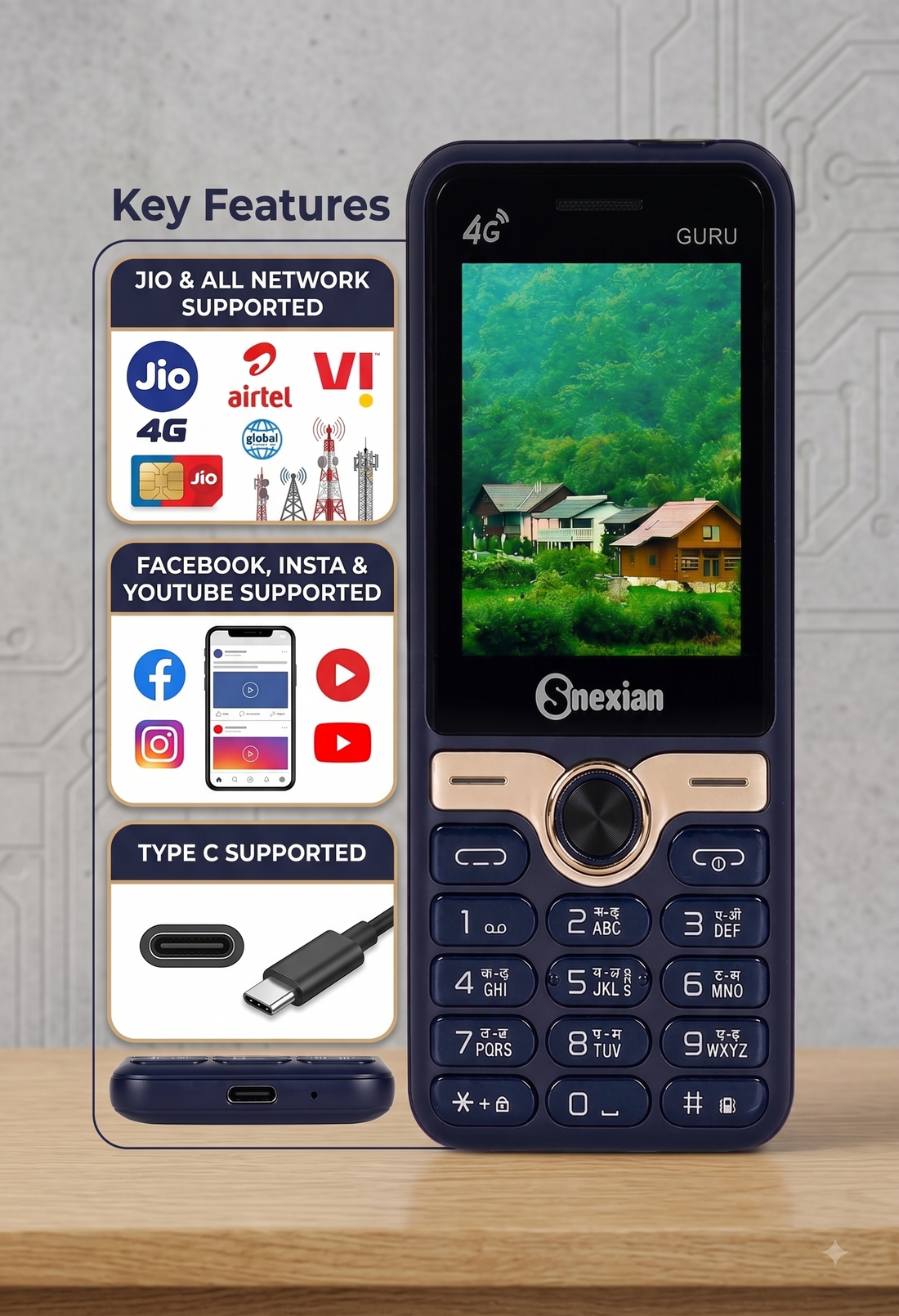 Snexian All-New GURU GT 4G Working Dual Sim | Keypad Mobile | 2.4" Display | YouTube Working | Voice Changer | BT Dialer | Call Recording | Long Lasting Battery | FM | Camera | Feature Phone | Black