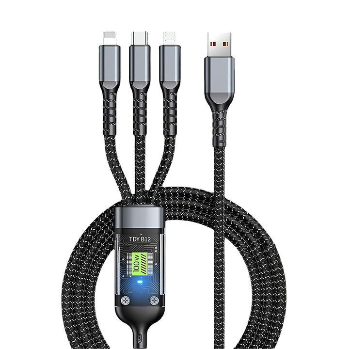 3-in-1 Fast Charging Data Cable | USB to Type-C, Micro USB & Lightning Connectors | 4Ft/1.2M Braided Cable with 480Mbps Data Transfer – Durable & Tangle-Free (Black, Pack of 1)
