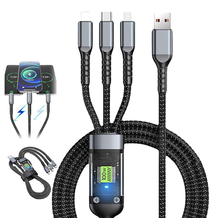 3-in-1 Fast Charging Data Cable | USB to Type-C, Micro USB & Lightning Connectors | 4Ft/1.2M Braided Cable with 480Mbps Data Transfer – Durable & Tangle-Free (Black, Pack of 1)