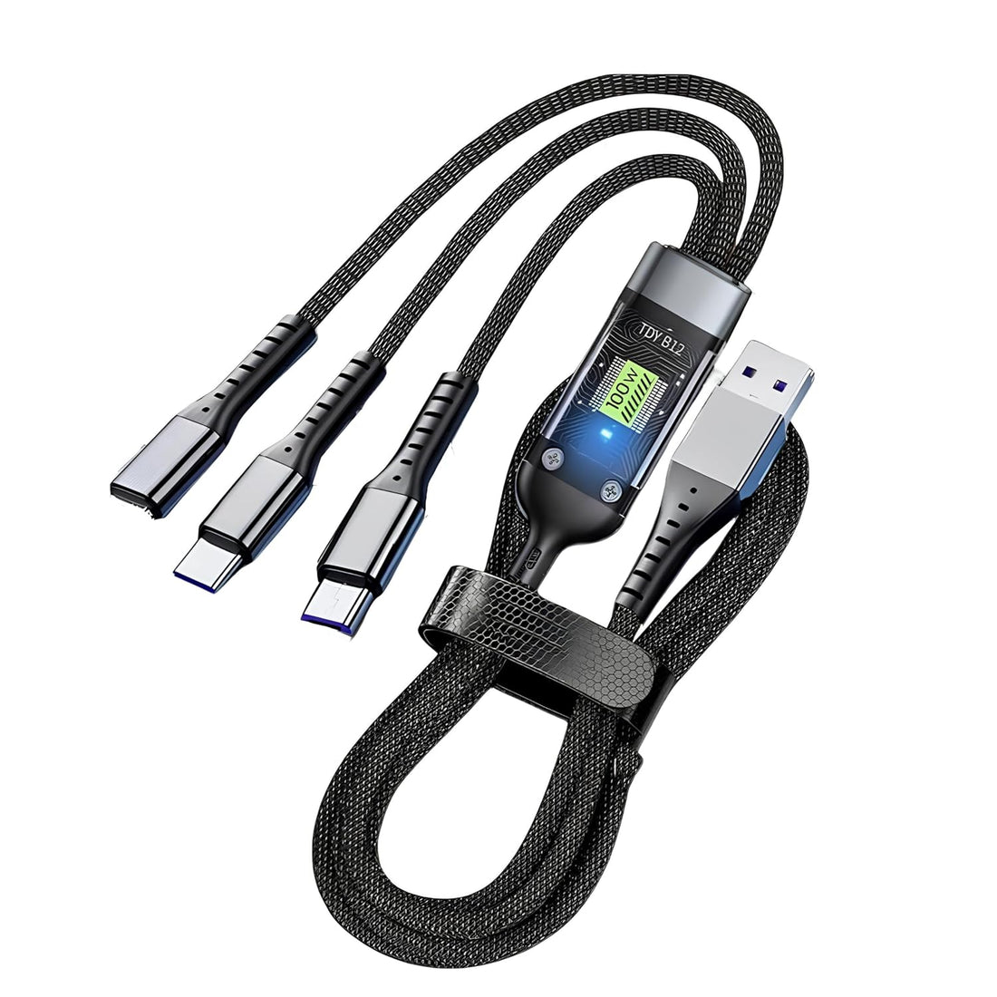 3-in-1 Fast Charging Data Cable | USB to Type-C, Micro USB & Lightning Connectors | 4Ft/1.2M Braided Cable with 480Mbps Data Transfer – Durable & Tangle-Free (Black, Pack of 1)