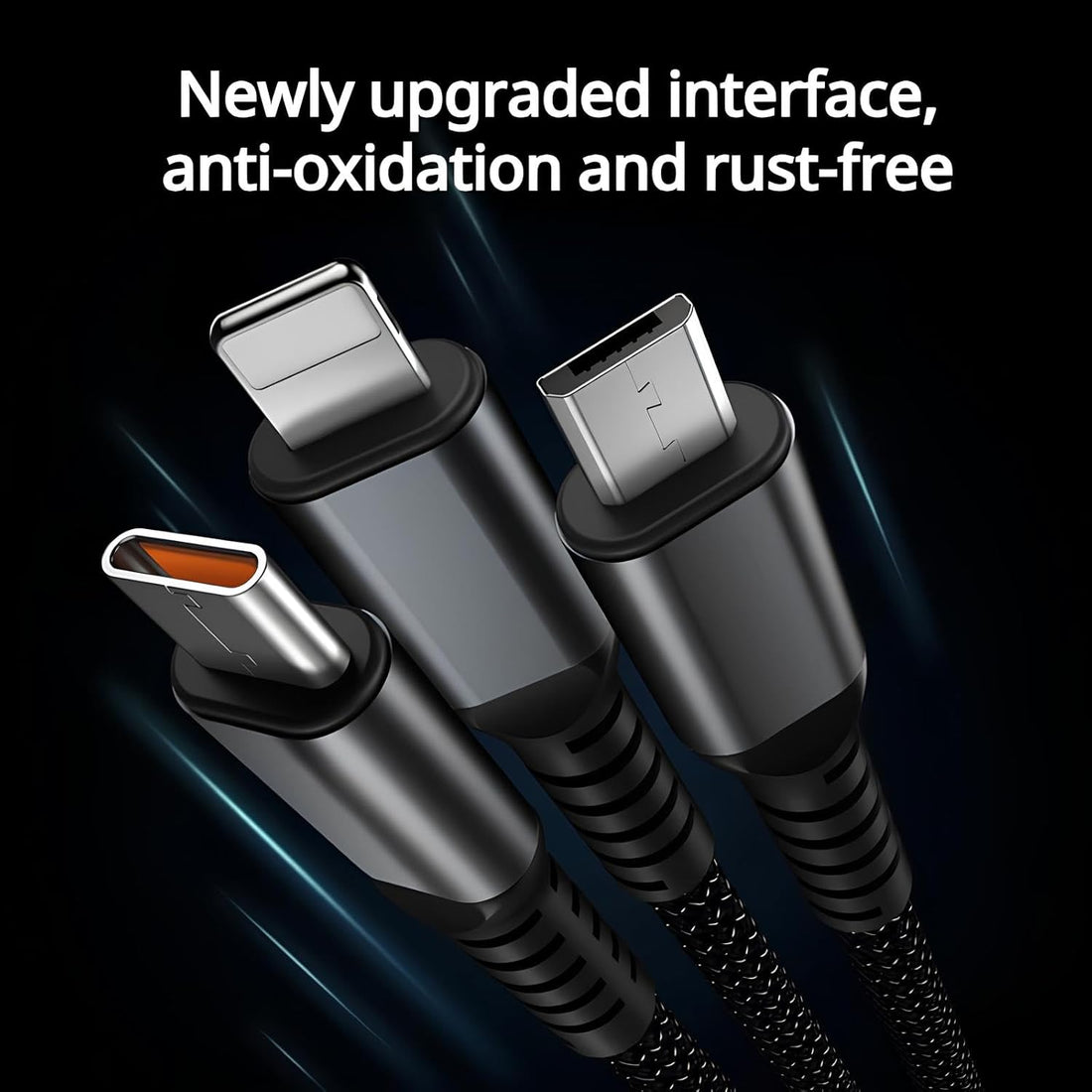 3-in-1 Fast Charging Data Cable | USB to Type-C, Micro USB & Lightning Connectors | 4Ft/1.2M Braided Cable with 480Mbps Data Transfer – Durable & Tangle-Free (Black, Pack of 1)