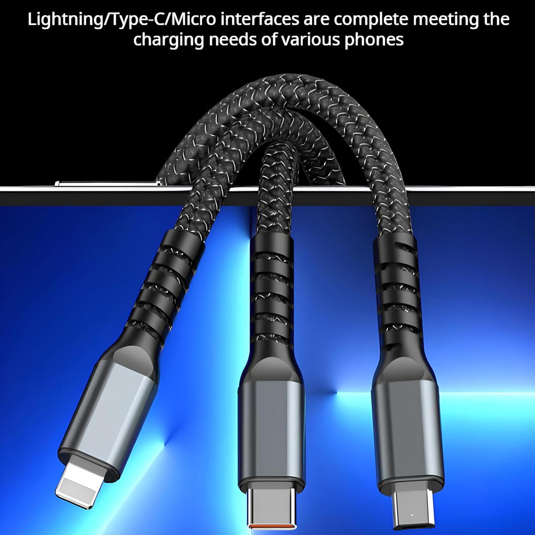 3-in-1 Fast Charging Data Cable | USB to Type-C, Micro USB & Lightning Connectors | 4Ft/1.2M Braided Cable with 480Mbps Data Transfer – Durable & Tangle-Free (Black, Pack of 1)