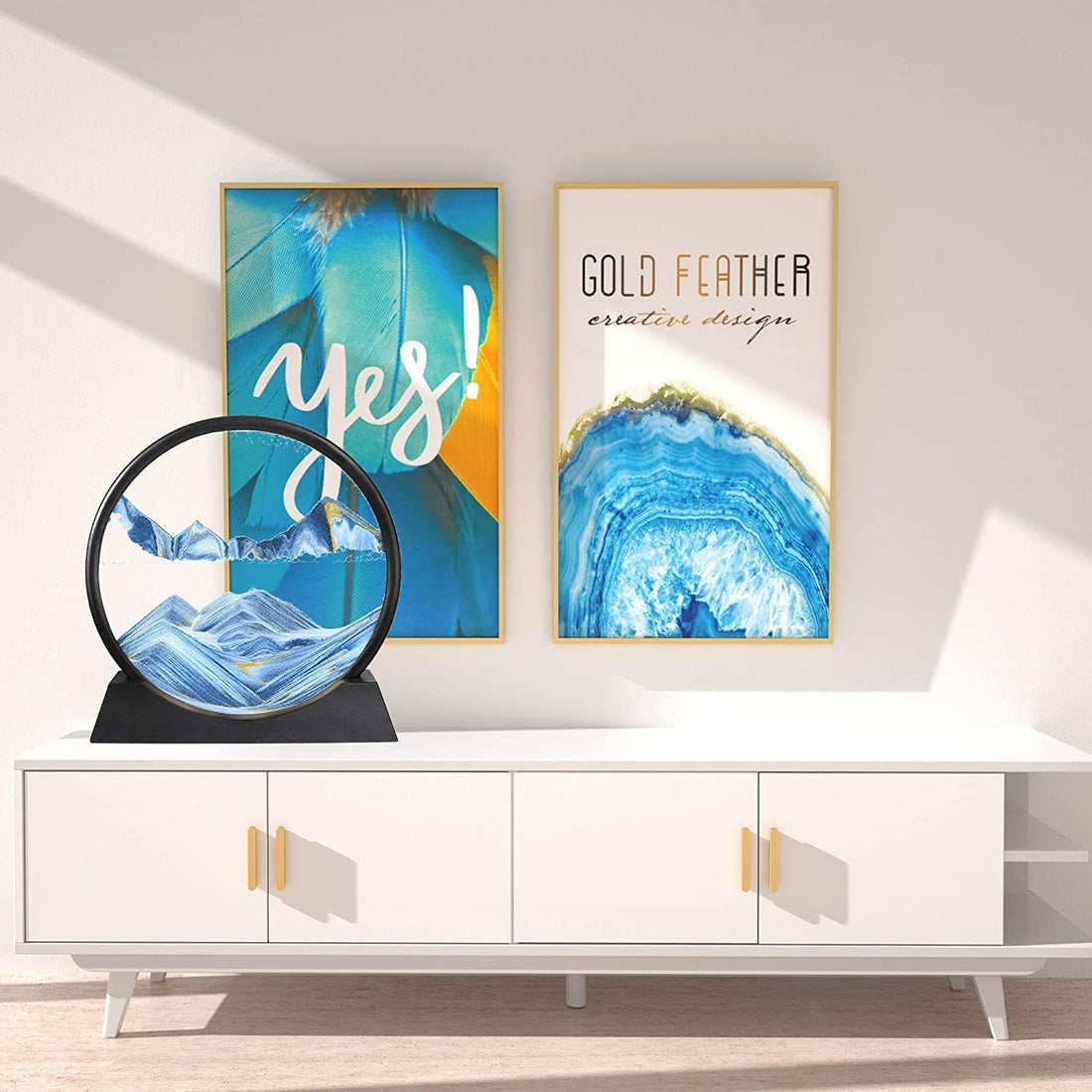 3D Moving Sand Art Picture Glass Liquid Painting Natural Landscape Showpieces for Home Decor, Antique Gifts for Kids, Office Desktop Decoration, Desk Table Decorative Items