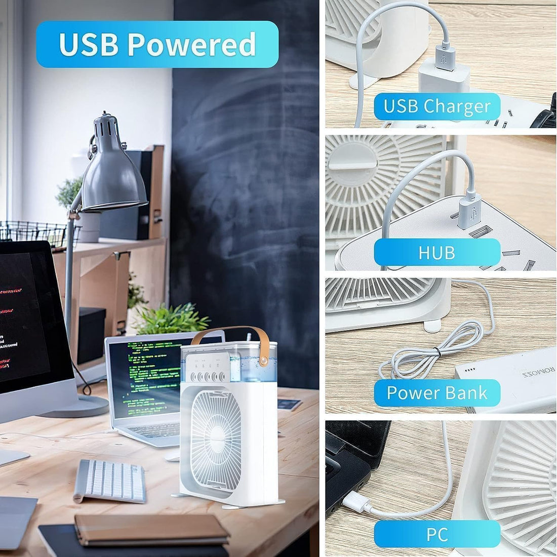 Mini AC Portable Mini Fan Artic Cooler with 7 Colors LED Light, 1/2/3 H Timer, 3 Wind Speeds and 3 Spray Modes for Office,Home,Dorm,Travel