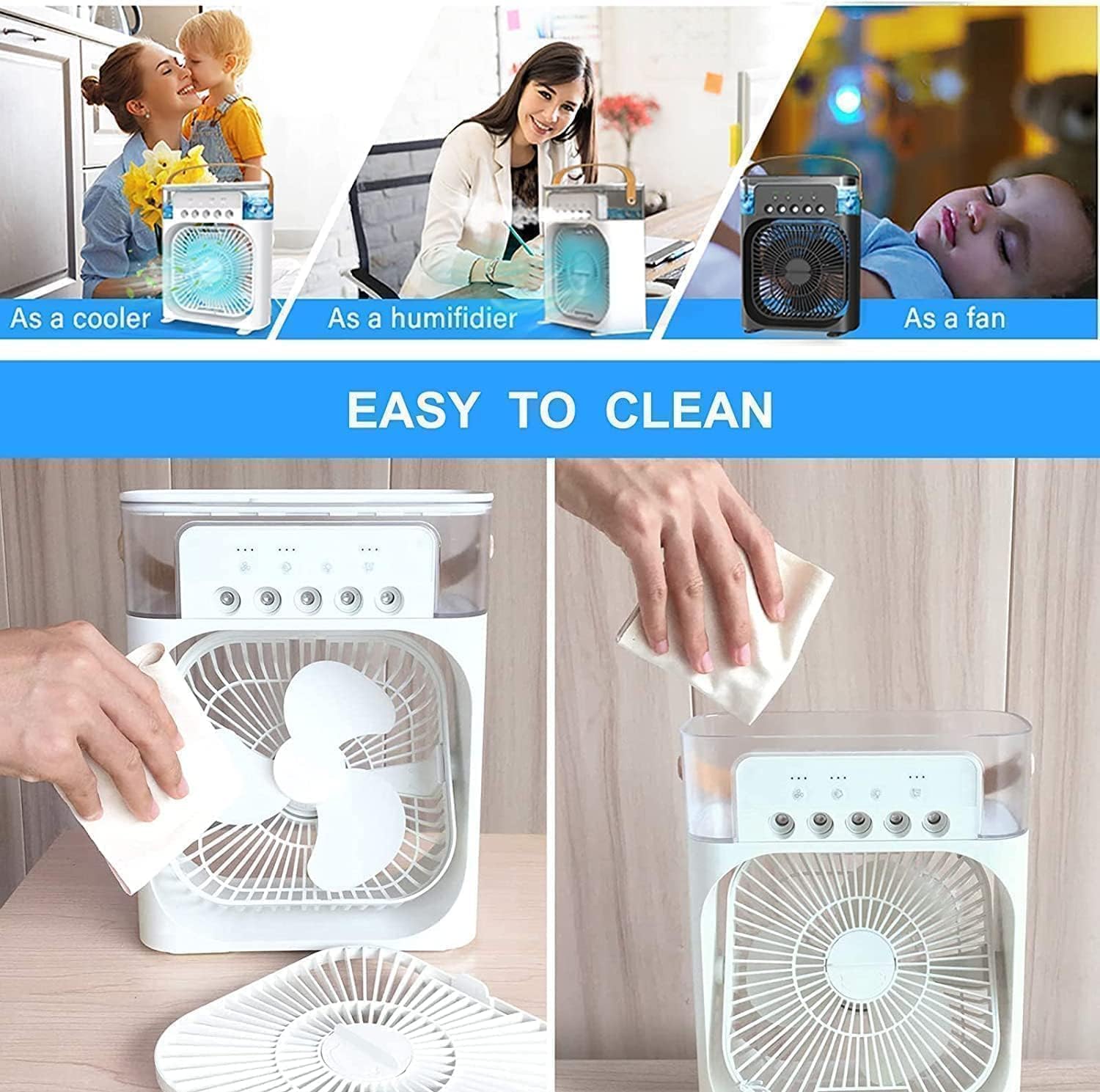 Mini AC Portable Mini Fan Artic Cooler with 7 Colors LED Light, 1/2/3 H Timer, 3 Wind Speeds and 3 Spray Modes for Office,Home,Dorm,Travel