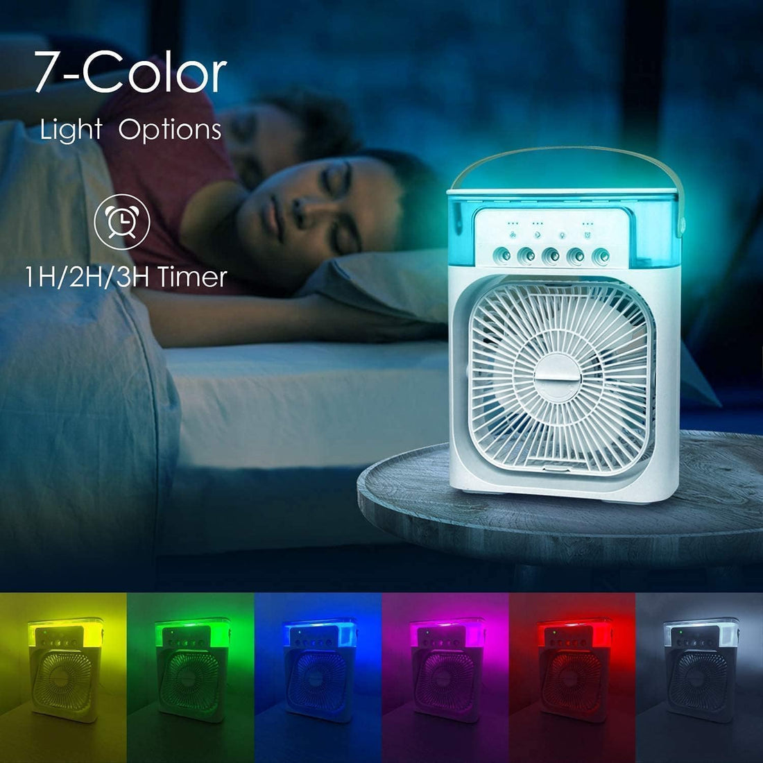 Mini AC Portable Mini Fan Artic Cooler with 7 Colors LED Light, 1/2/3 H Timer, 3 Wind Speeds and 3 Spray Modes for Office,Home,Dorm,Travel