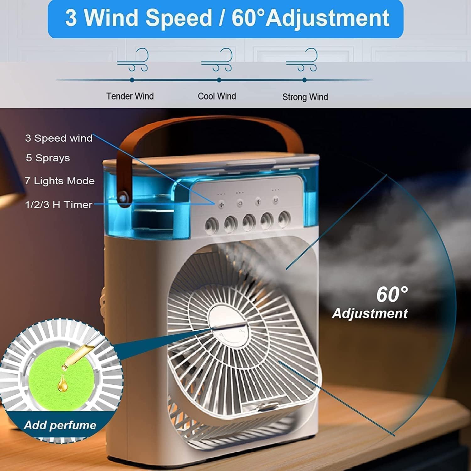 Mini AC Portable Mini Fan Artic Cooler with 7 Colors LED Light, 1/2/3 H Timer, 3 Wind Speeds and 3 Spray Modes for Office,Home,Dorm,Travel