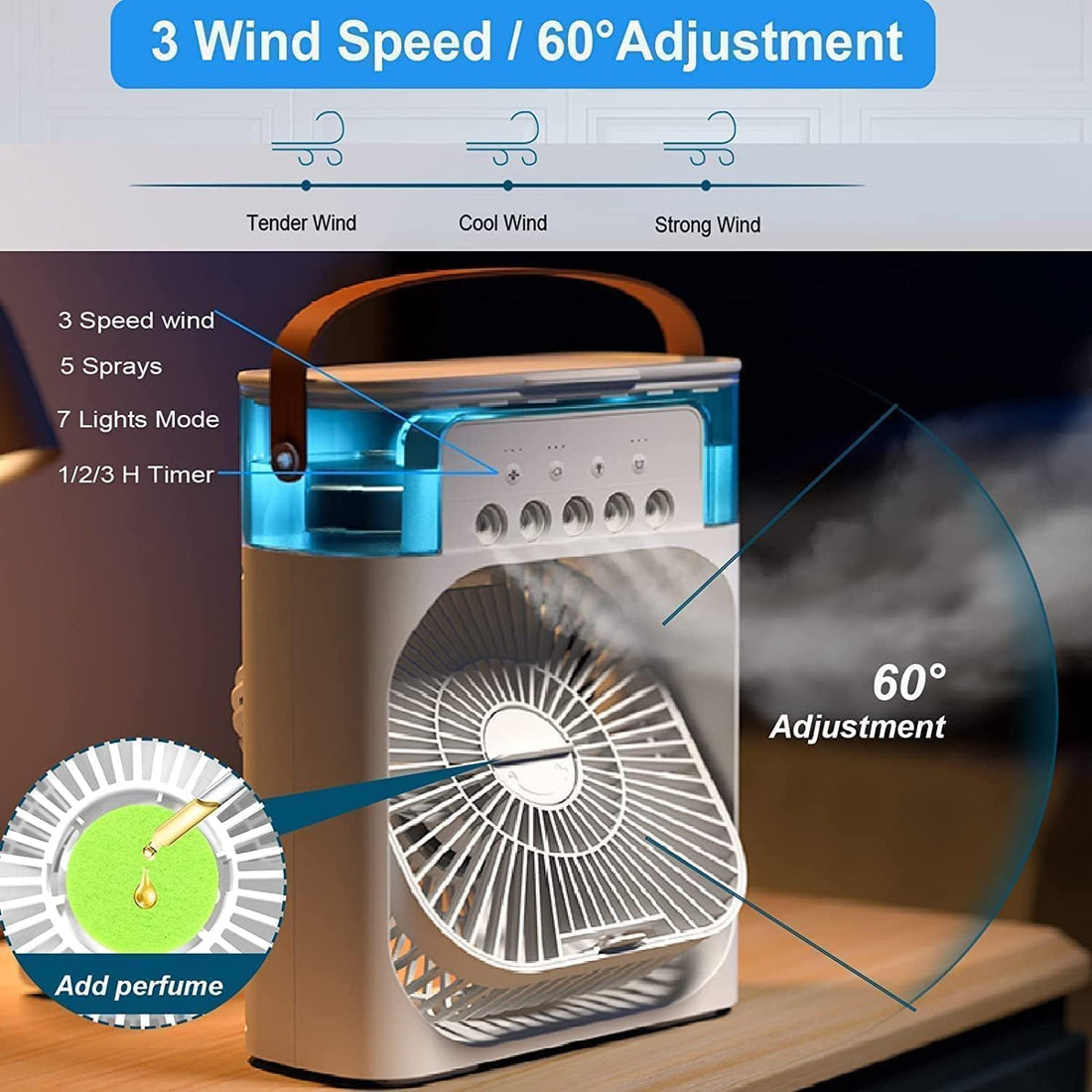 Mini AC Portable Mini Fan Artic Cooler with 7 Colors LED Light, 1/2/3 H Timer, 3 Wind Speeds and 3 Spray Modes for Office,Home,Dorm,Travel
