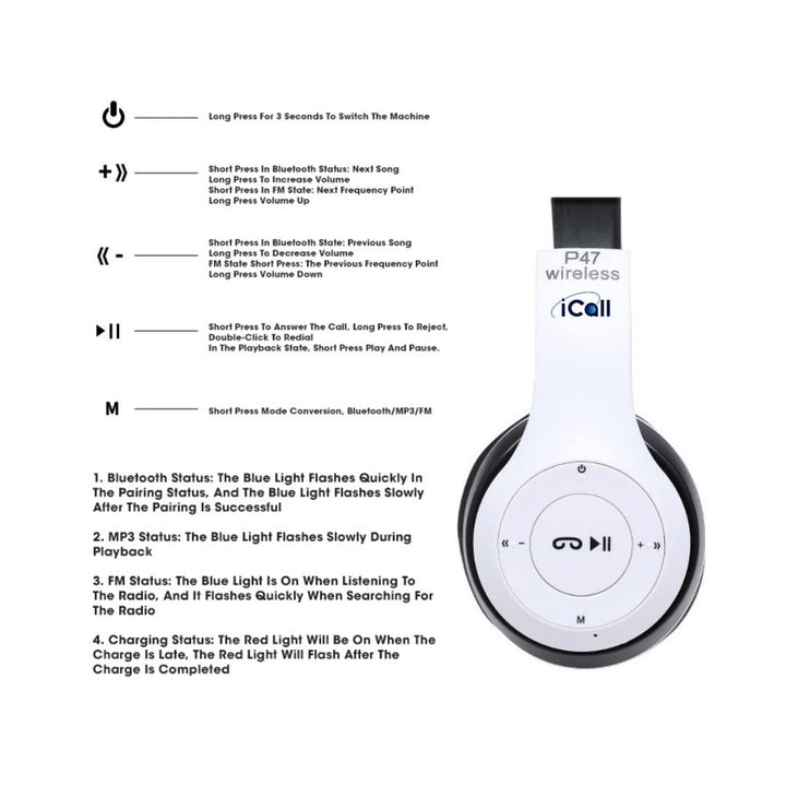 P47 Wireless Bluetooth On Ear Headphones 5.0+EDR with Volume Control, HD Sound and Bass, Mic, SD Card Slot (Multicolor)