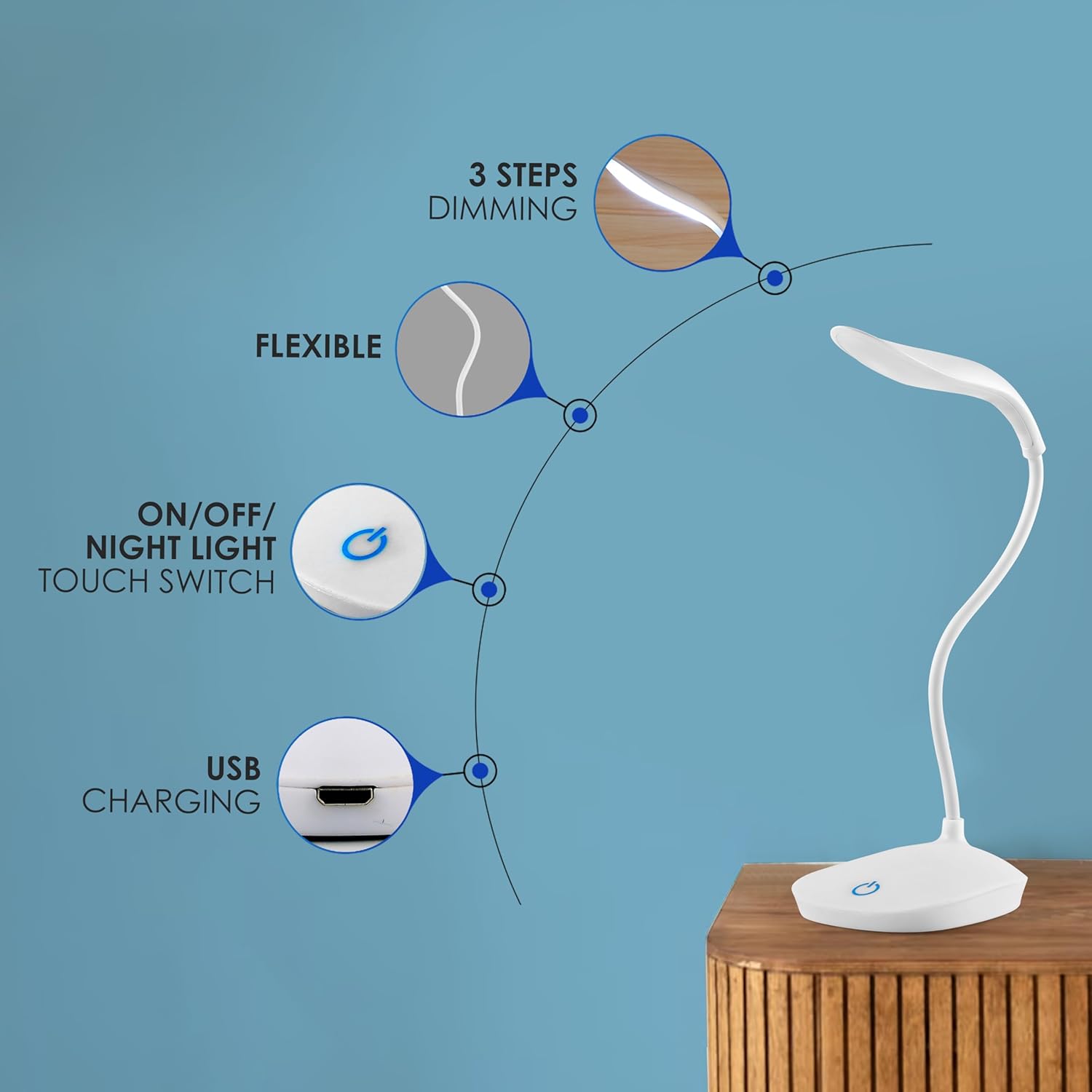 LED Study Lamp Rechargeable,Table Lamp for Study Room, Desk Lamp Light with 3 Brightness Levels,Portable USB Table Light,Study Table Lamp for Students,Reading & Work at Home,White