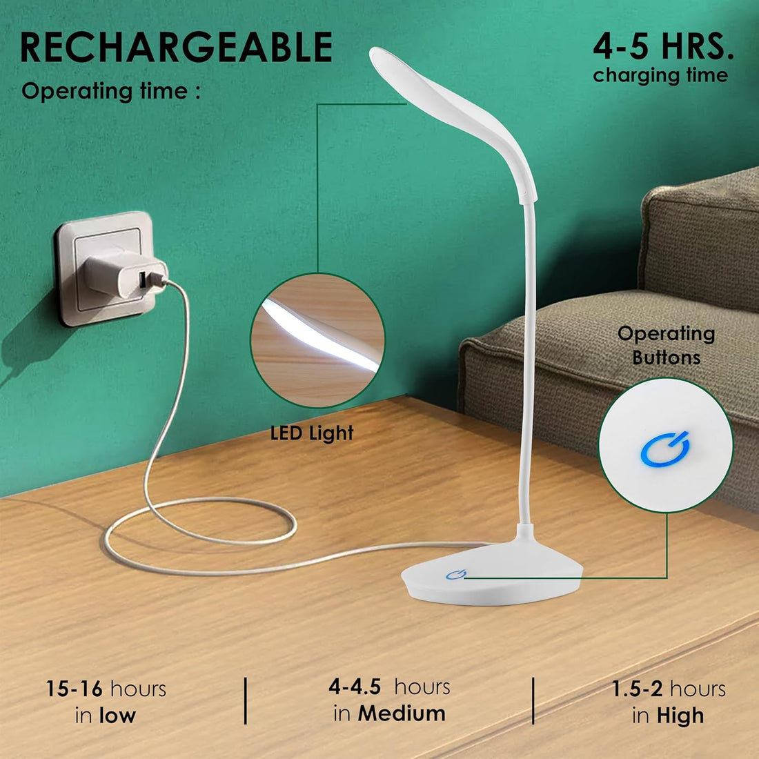 LED Study Lamp Rechargeable,Table Lamp for Study Room, Desk Lamp Light with 3 Brightness Levels,Portable USB Table Light,Study Table Lamp for Students,Reading & Work at Home,White