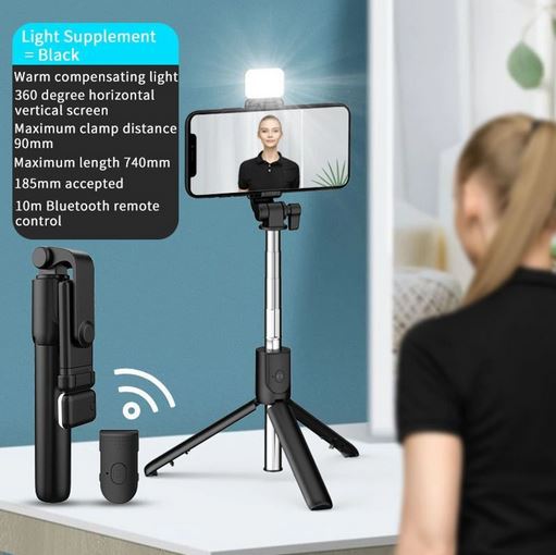 R1s Bluetooth Selfie Sticks with Remote and Selfie Light, 3-in-1 Multifunctional Selfie Stick Tripod Stand Mobile Stand Compatible with All Phones (Black)