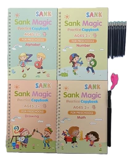 Sank Magic Book (4 BOOK+10 REFILL+1 pen+1 grip), Sank Magic Practice Copybook for Kids, Number Tracing Book for Preschoolers With Pen, Magic Calligraphy Copybook Set Reusable Writing Tool For Kids.