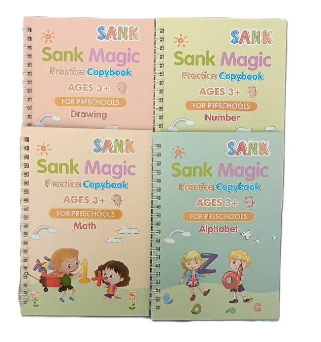 Sank Magic Book (4 BOOK+10 REFILL+1 pen+1 grip), Sank Magic Practice Copybook for Kids, Number Tracing Book for Preschoolers With Pen, Magic Calligraphy Copybook Set Reusable Writing Tool For Kids.