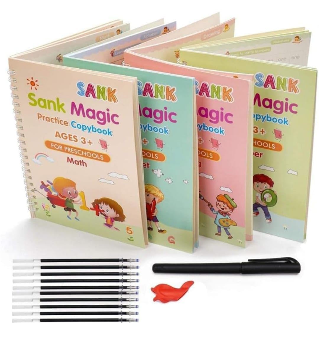 Sank Magic Book (4 BOOK+10 REFILL+1 pen+1 grip), Sank Magic Practice Copybook for Kids, Number Tracing Book for Preschoolers With Pen, Magic Calligraphy Copybook Set Reusable Writing Tool For Kids.