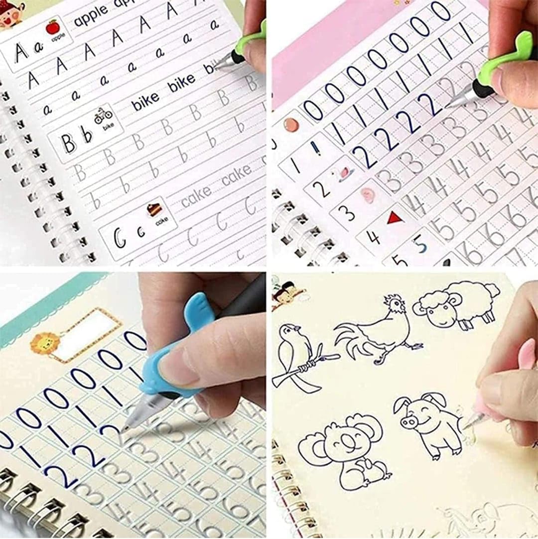Sank Magic Book (4 BOOK+10 REFILL+1 pen+1 grip), Sank Magic Practice Copybook for Kids, Number Tracing Book for Preschoolers With Pen, Magic Calligraphy Copybook Set Reusable Writing Tool For Kids.