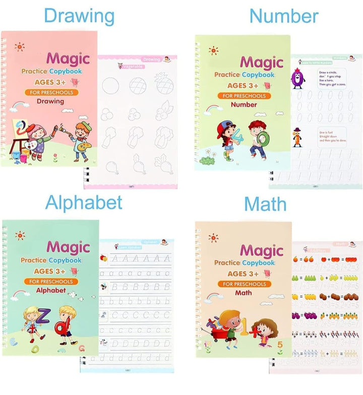 Sank Magic Book (4 BOOK+10 REFILL+1 pen+1 grip), Sank Magic Practice Copybook for Kids, Number Tracing Book for Preschoolers With Pen, Magic Calligraphy Copybook Set Reusable Writing Tool For Kids.